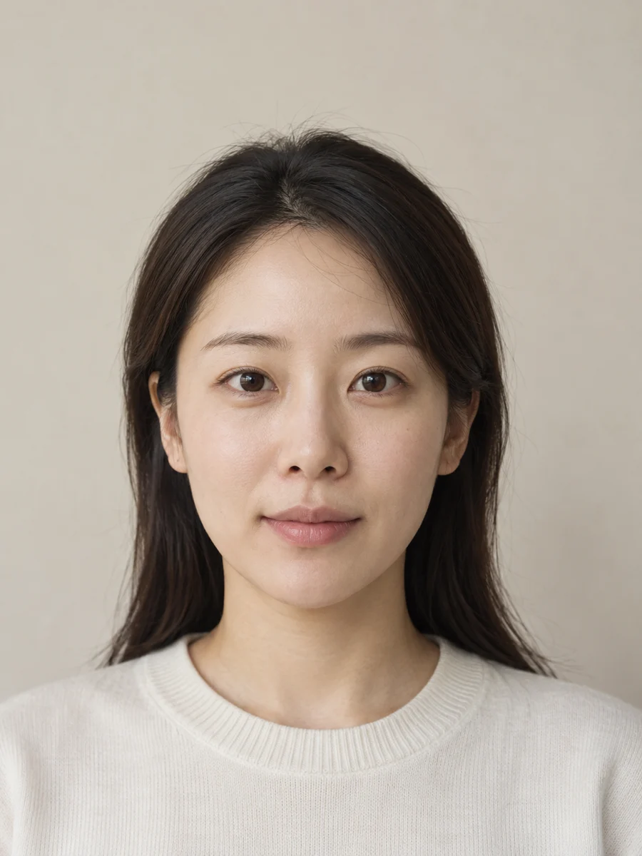 부드러운 정면 조명 아래 카메라를 바라보는 가상 모델. 얼굴 주변에 크기와 위치를 맞추는 안내선이 있습니다.
